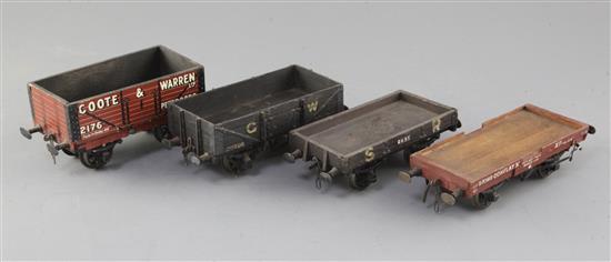 An SR flat wagon, no.6835, in black, a flat wagon, no.70189, in red, a Coote & Warren open wagon, no.2176,